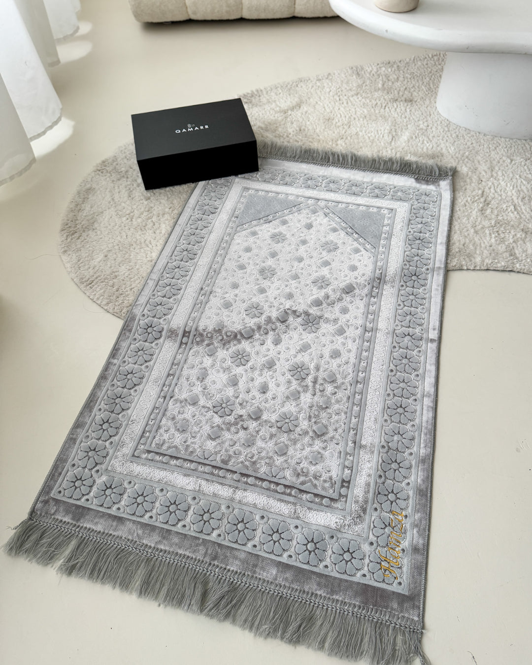 QAMARR ® Majestic Personalized Prayer mat Giftbox - Light Grey