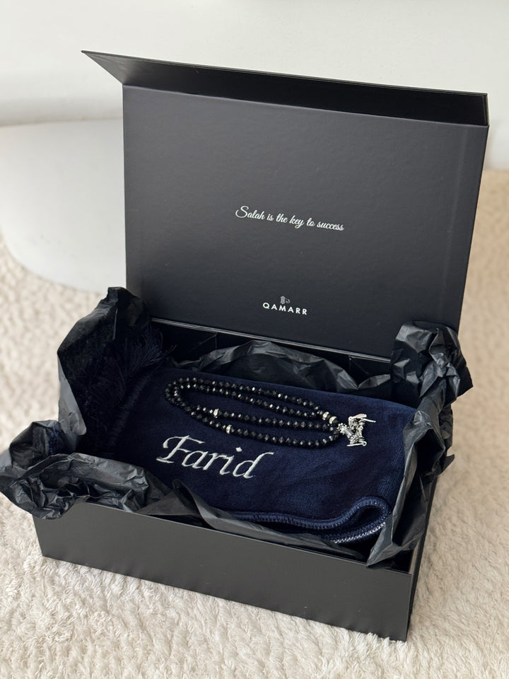 QAMARR ® Deluxe Personalized Prayer mat Giftbox - Midnight Blue
