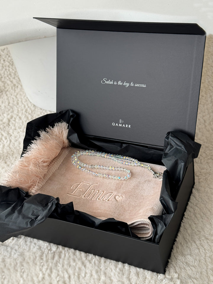 QAMARR ® Deluxe Personalized Prayer mat Giftbox - Powder Pink