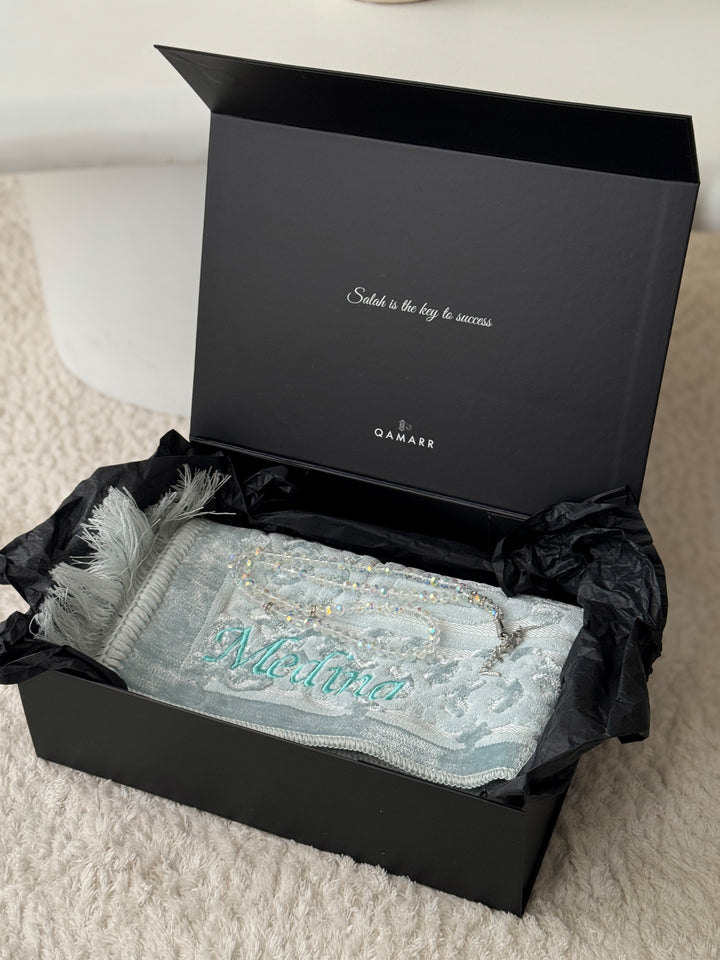 QAMARR ® Majestic Personalized Prayer mat Giftbox - Sky Blue